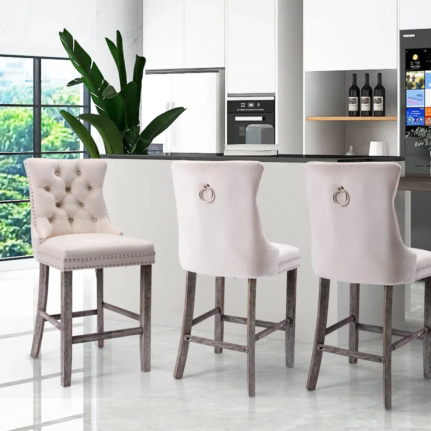 6X Velvet Bar Stools with Studs Trim Wooden Legs Tufted Dining Chairs Kitchen - Mekamart Australia