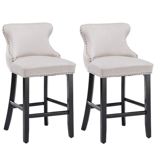 4x Velvet Upholstered Button Tufted Bar Stools with Wood Legs and Studs-Beige - Mekamart Australia