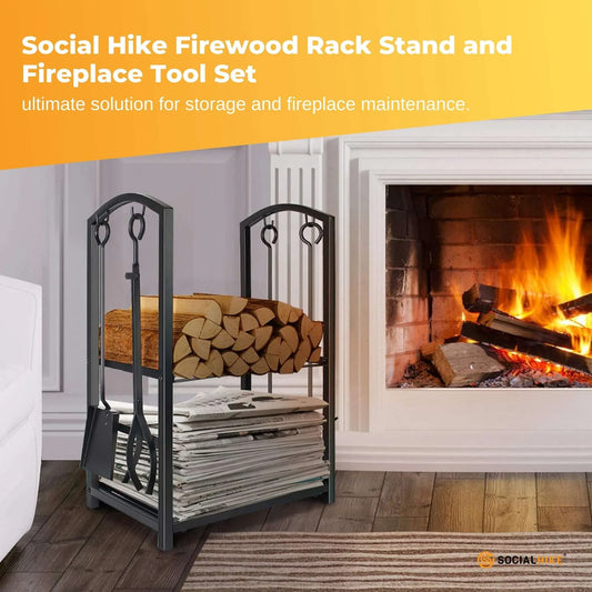 Social Hike Firewood Rack Stand and Fireplace Tool Set for Log Holder Storage - Mekamart Australia