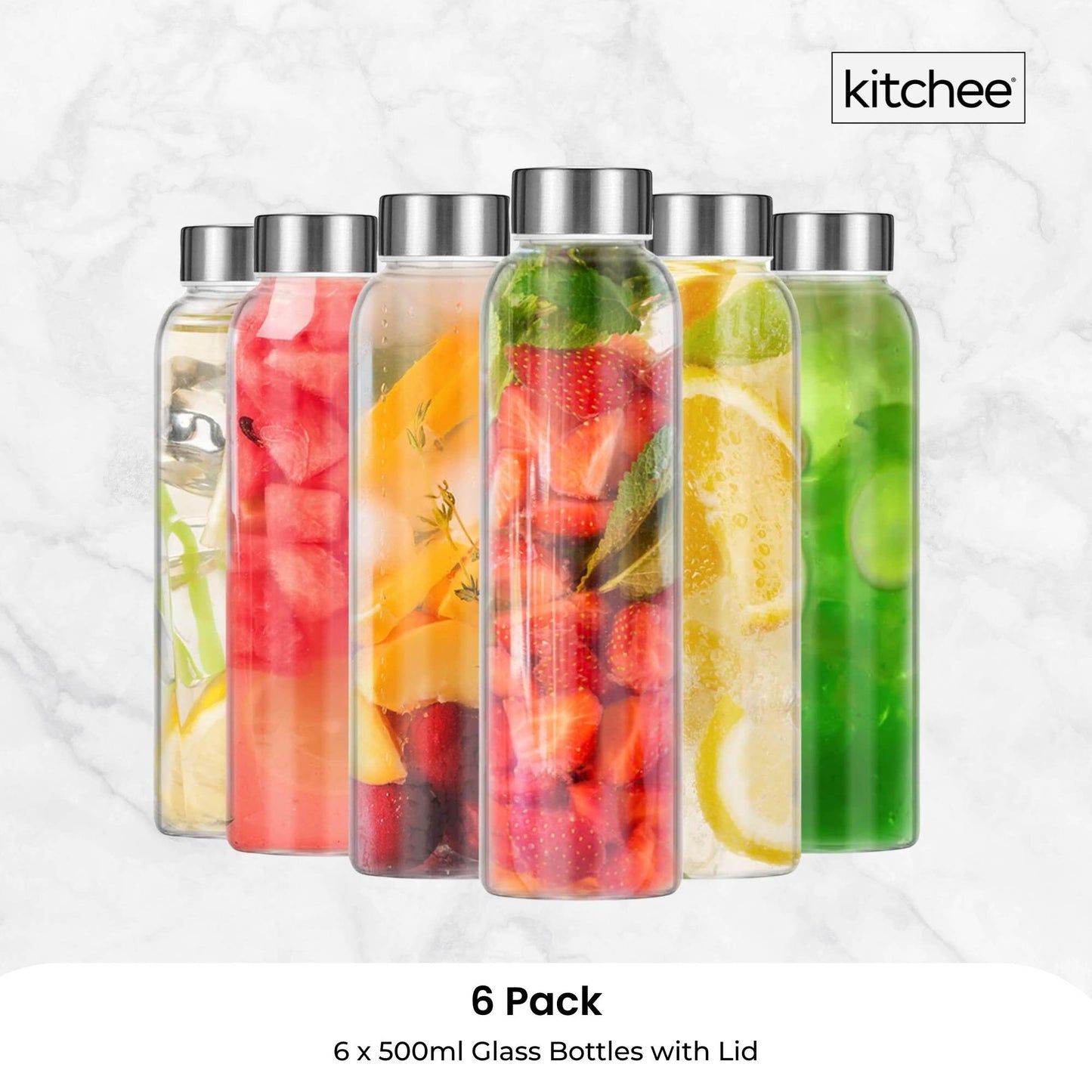 Kitchee 500ml Glass Water Bottle with Stainless Steel Lid - Set of 6 Drink Bottles