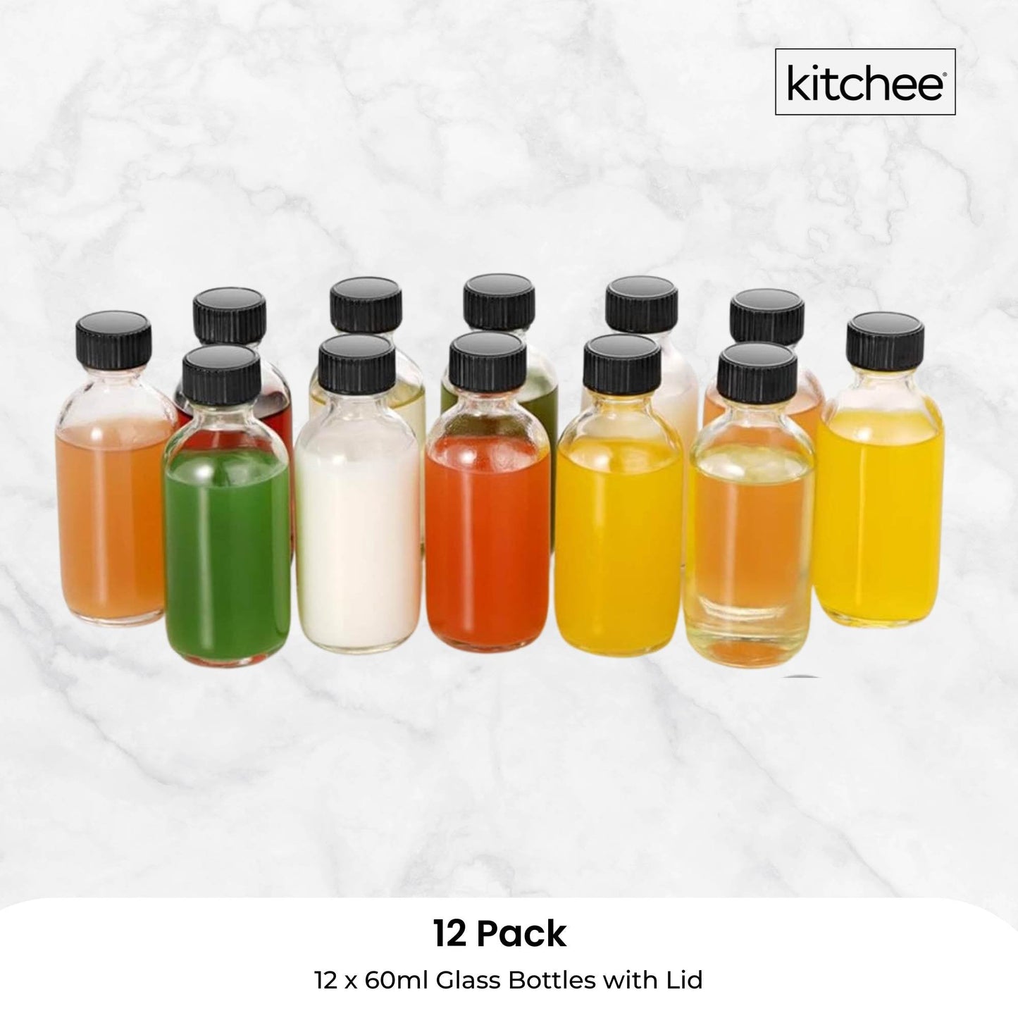 Kitchee 12x 60ml Small Glass Bottles + Lids Funnels Brush Labels Pen
