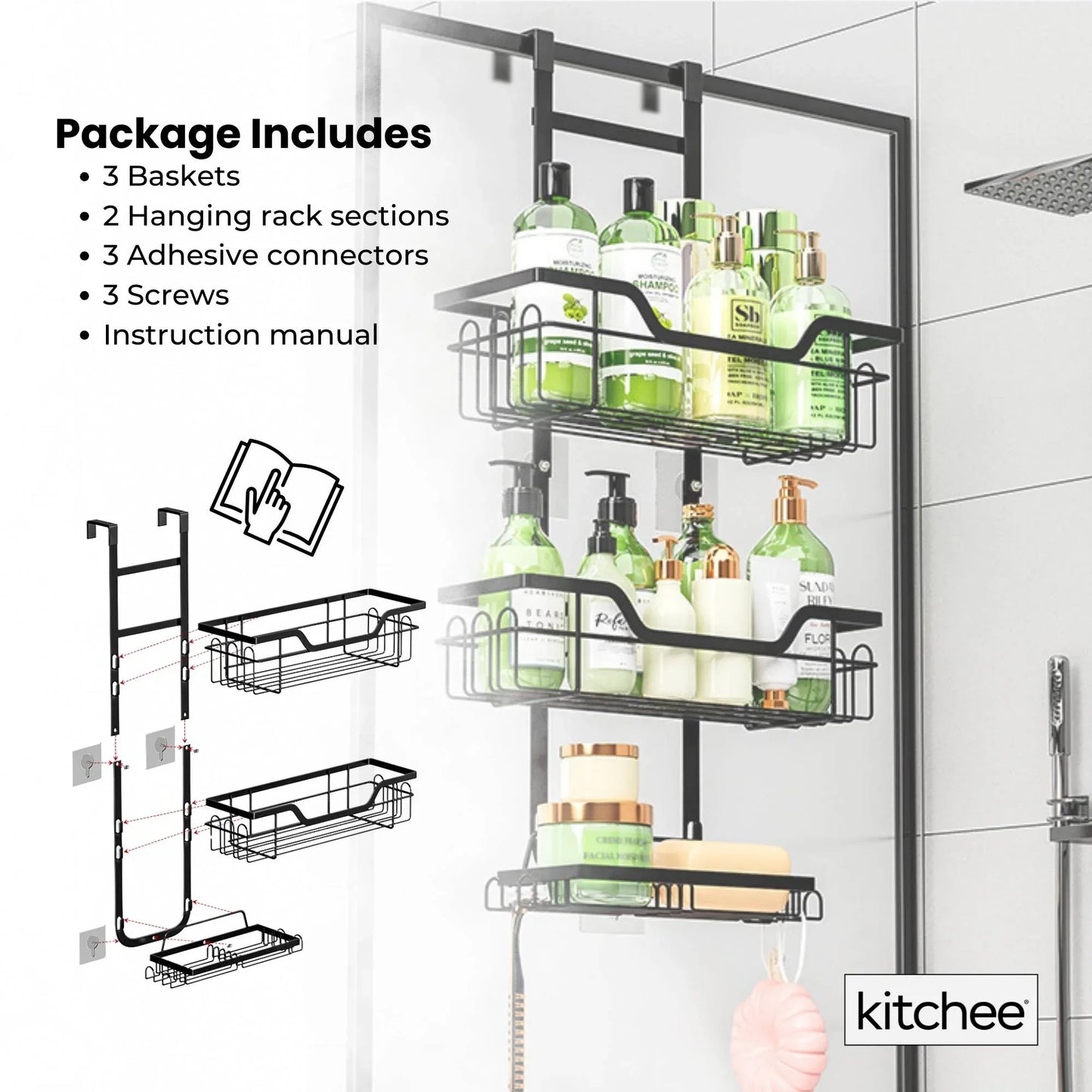 Kitchee 3 Tier Shower Caddy Over Door Bathroom Hanging Shelf Storage Rack Black - Mekamart Australia