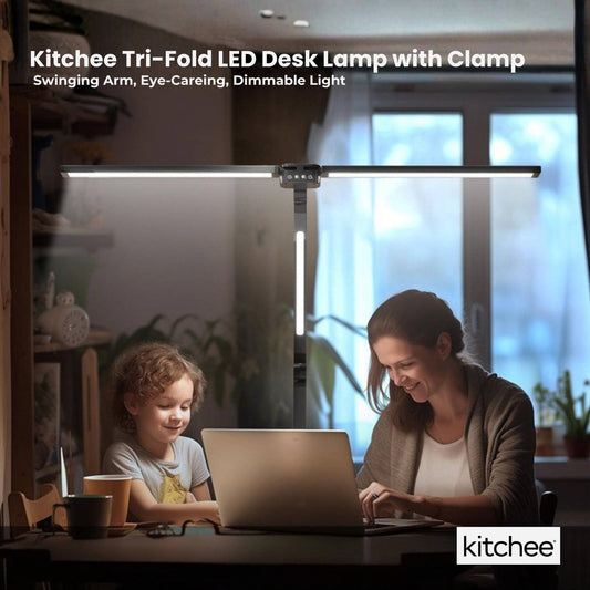 Kitchee Tri-Fold LED Desk Lamp with Clamp - Swinging Arm Eye-Care Dimmable Light