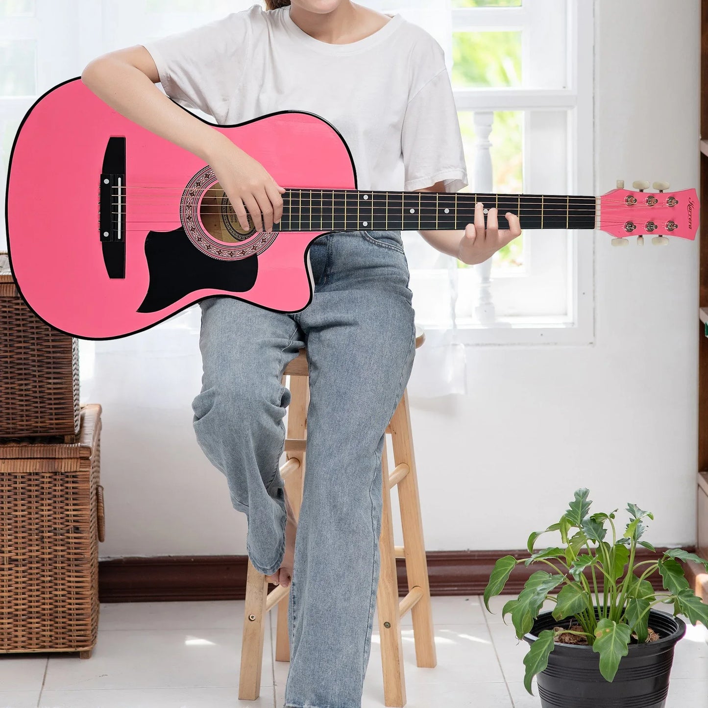 Karrera 38in Cutaway Acoustic Guitar with guitar bag - Pink - Mekamart Australia