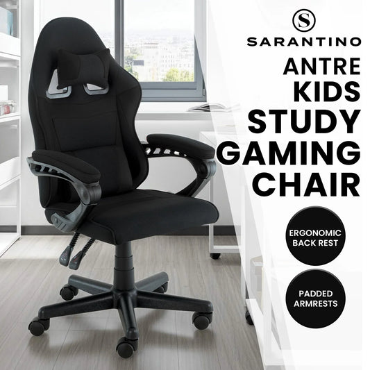 Sarantino Antre Kids Study Gaming Chair Black Adjustable Computer Desk Seat Racing Inspired-look With Adjustable Height, Ergonomic Back Support, Padded Armrests - Mekamart Australia