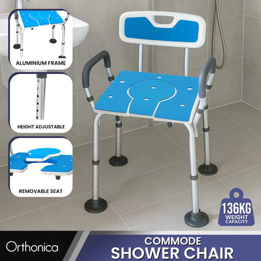 Orthonica Height-Adjustable Aluminium Commode Shower Chair with Armrests Backrest Armrests Soft Stool Seat Aid - Mekamart Australia