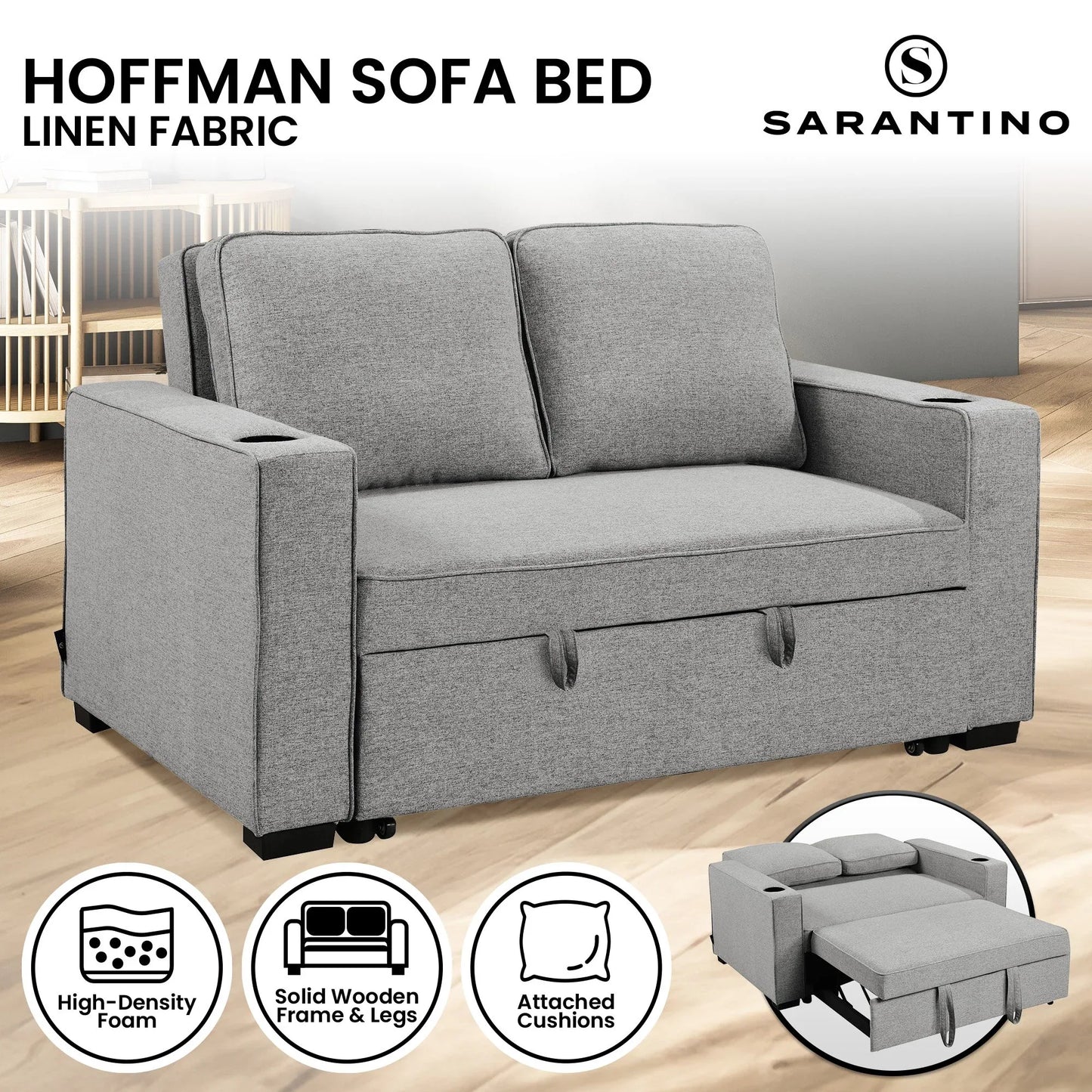 Sarantino Hoffman Linen Sofa Bed Chair With Cushions &cup Holders Light Grey - Mekamart Australia