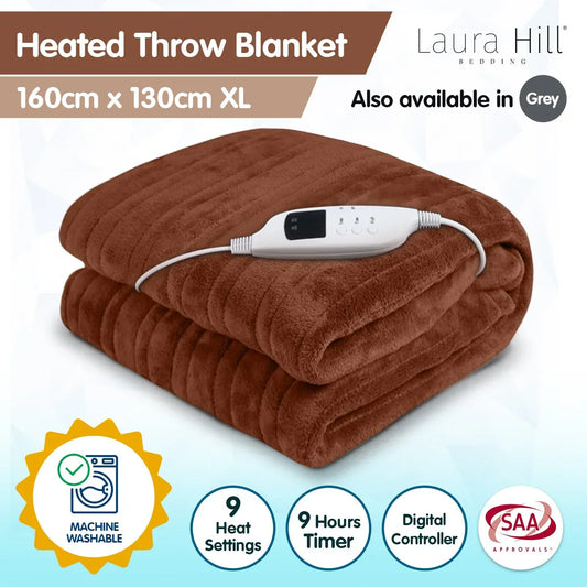 Laura Hill Heated Electric Blanket Throw Rug Coral Warm Fleece Brown - Mekamart Australia
