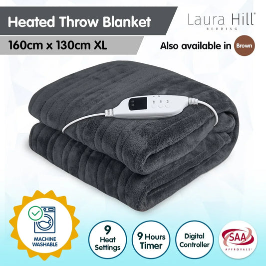 Laura Hill Heated Electric Blanket Throw Rug Coral Warm Fleece Grey - Mekamart Australia