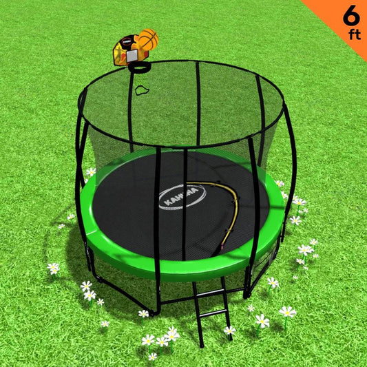 Kahuna 6ft Outdoor Round Green Trampoline With Safety Enclosure And Basketball Hoop Set - Mekamart Australia