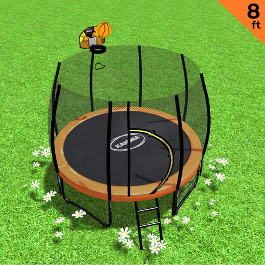 Kahuna 8ft Twister Springless Trampoline Round Free Safety Net Pad Mat with Basket Ball Set Orange - Mekamart Australia