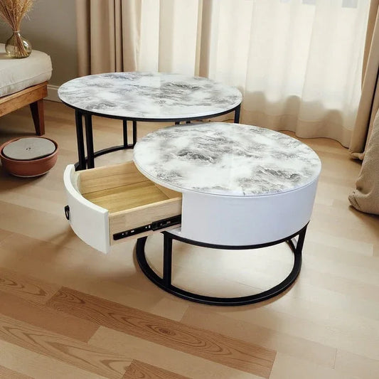 Snowy Mountain Faux Modern Marble Slate Nesting Coffee Table Set Leather Wrapped Wood Drawers - Mekamart Australia