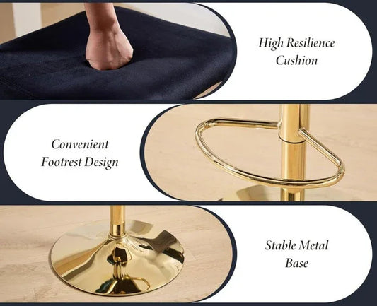 SERENITà 2x Velvet Bar Stools with Braided Back Elegant Kitchen High Chairs, Kitchen Island Stools Adjustable Height Swivel Bar Chairs with Gold Legs for Home-Black - Mekamart Australia