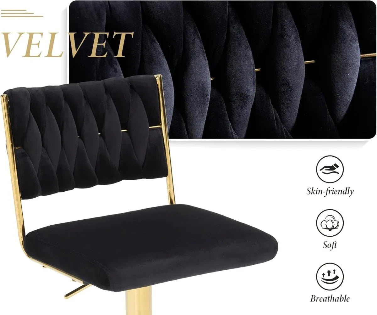 SERENITà 2x Velvet Bar Stools with Braided Back Elegant Kitchen High Chairs, Kitchen Island Stools Adjustable Height Swivel Bar Chairs with Gold Legs for Home-Black - Mekamart Australia