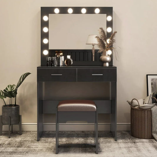 Fidel Vanity Set with Cushioned Stool and Lighted Mirror- Black - Mekamart Australia