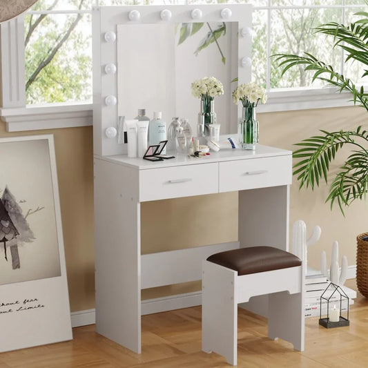 Fidel Vanity Set with Cushioned Stool and Lighted Mirror- White - Mekamart Australia