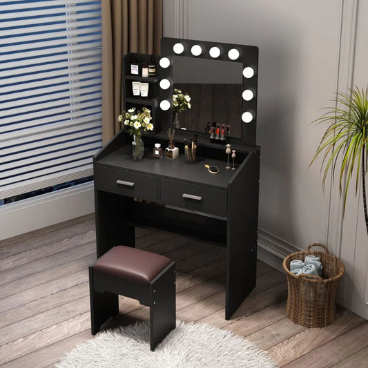 Diana Vanity Set with Shelves Cushioned Stool and Lighted Mirror- Black - Mekamart Australia