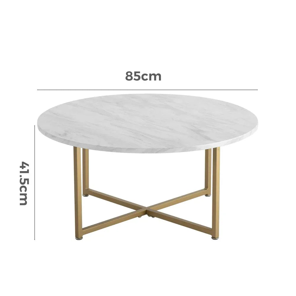 White Marble Effect Round Coffee Table with Gold Legs - Mekamart Australia