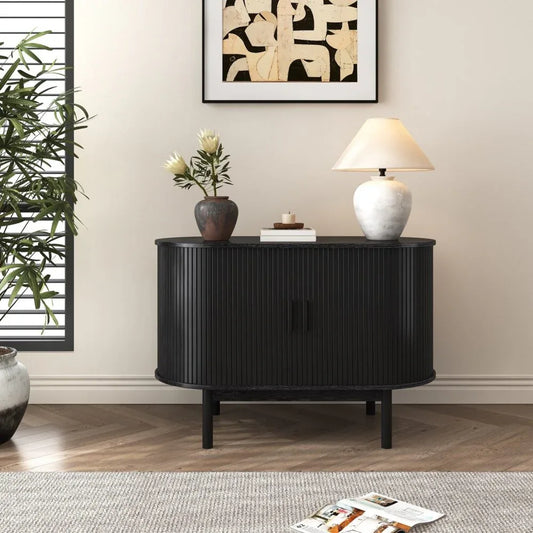 Mid-Century Black Ribbed Sideboard Cabinet - Mekamart Australia