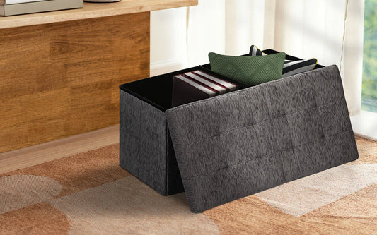 Foldable Storage Ottoman - Flip Lid Side Table Toy Blanket Organiser Seat KIRA BLACK - Mekamart Australia