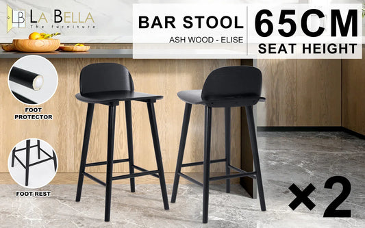 2X Wooden Bar Stool Dining Chair Ash Wood ELISE 65cm BLACK - Mekamart Australia