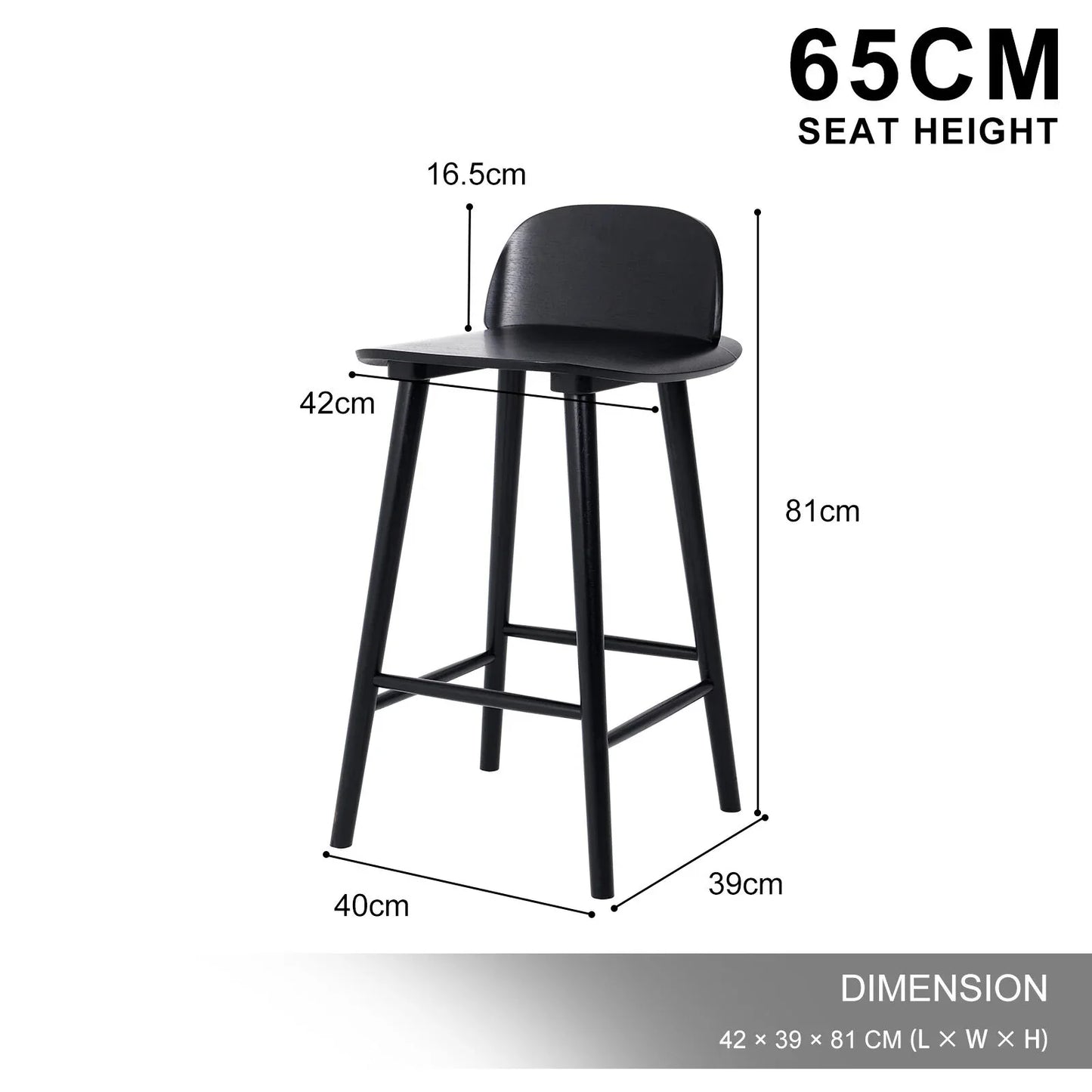2X Wooden Bar Stool Dining Chair Ash Wood ELISE 65cm BLACK - Mekamart Australia