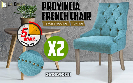 2X French Provincial Dining Chair Oak Leg AMOUR BLUE - Mekamart Australia