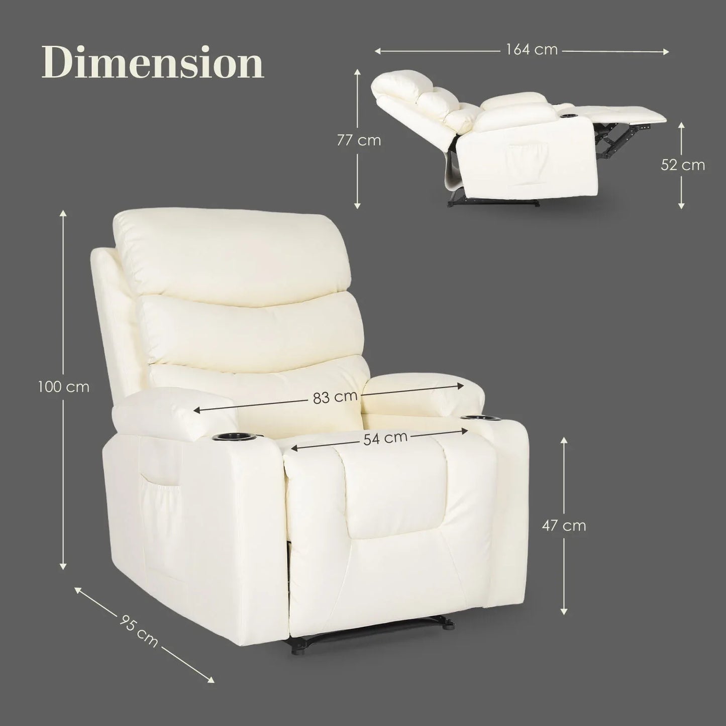 8-Point Electric Massage Recliner Chair - PU Leather Lounge Sofa Armchair CELINA CREAM - Mekamart Australia