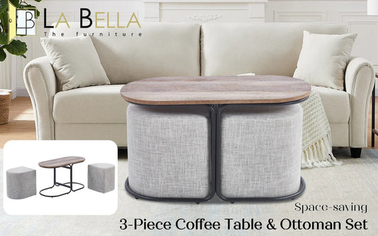3 Piece Set Coffee Table & Ottoman Wood Side End Table Industrial - CREAM GREY - Mekamart Australia