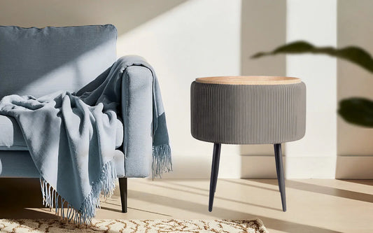 Side Table Storage Ottoman - Velvet Padded Stool Vanity Footstool CLEO GREY - Mekamart Australia