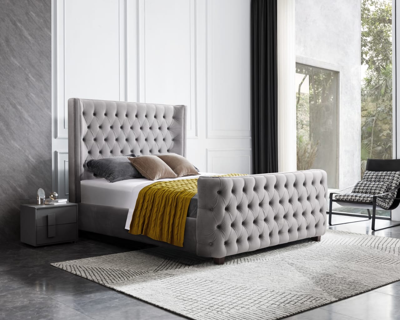 Milan Grey Velvet Tufted Headboard and End board Bed Frame - King