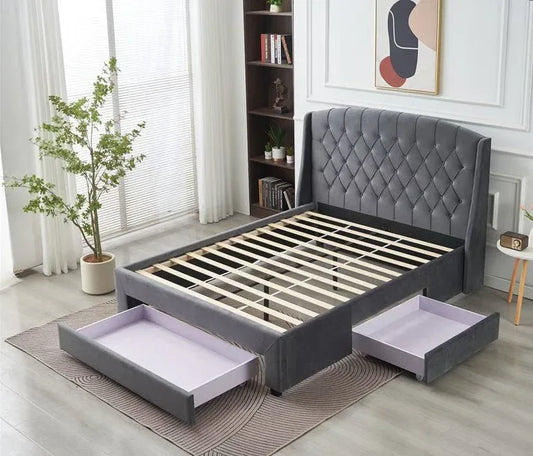 Paris Tall Tufted Velvet Dark Grey Bed with Storage Drawer - King - Mekamart Australia