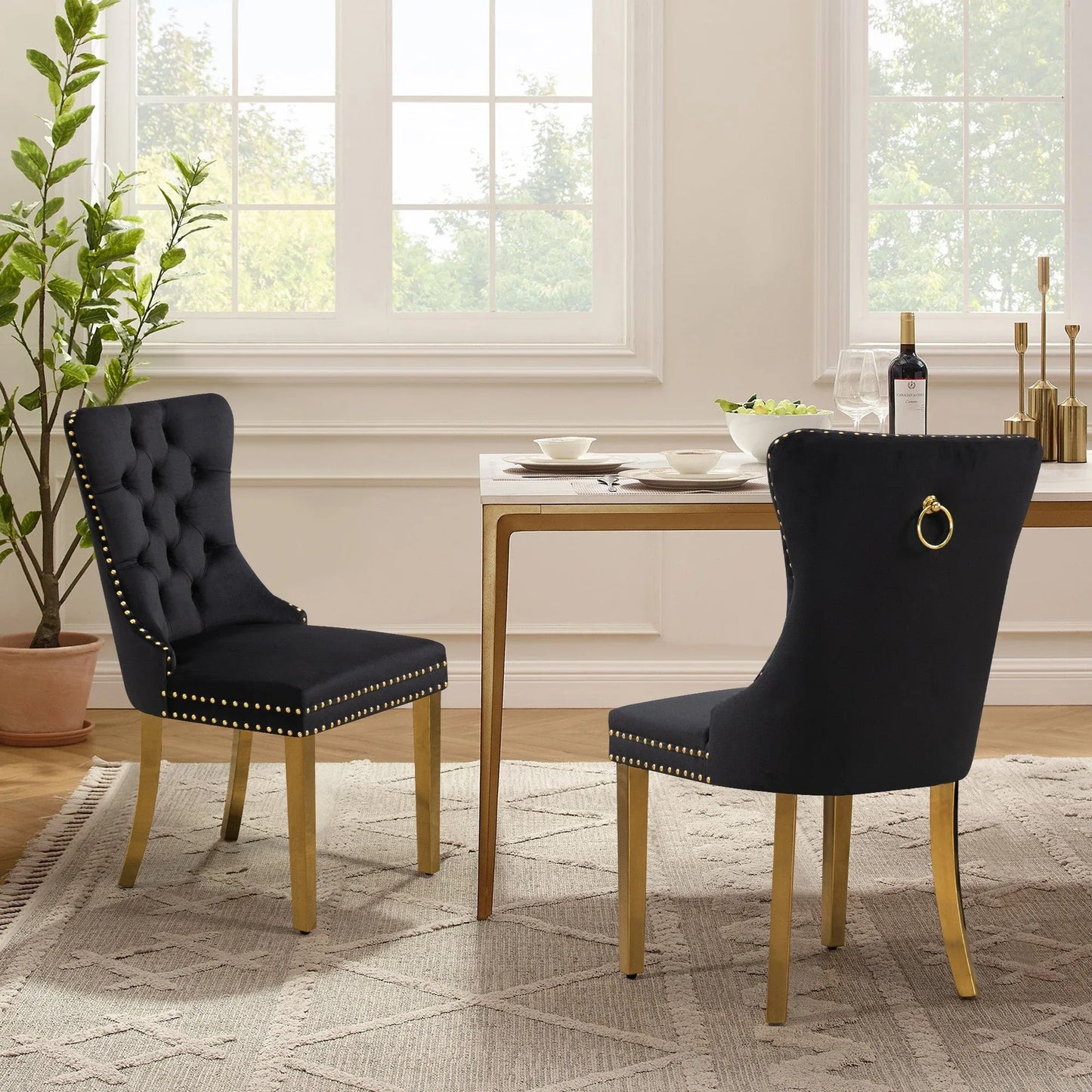 Set of 2 -Alsea Black Velvet & Gold Polished Steel Dining Chairs Upholstered Tufted Stud Trim and Ring - Mekamart Australia