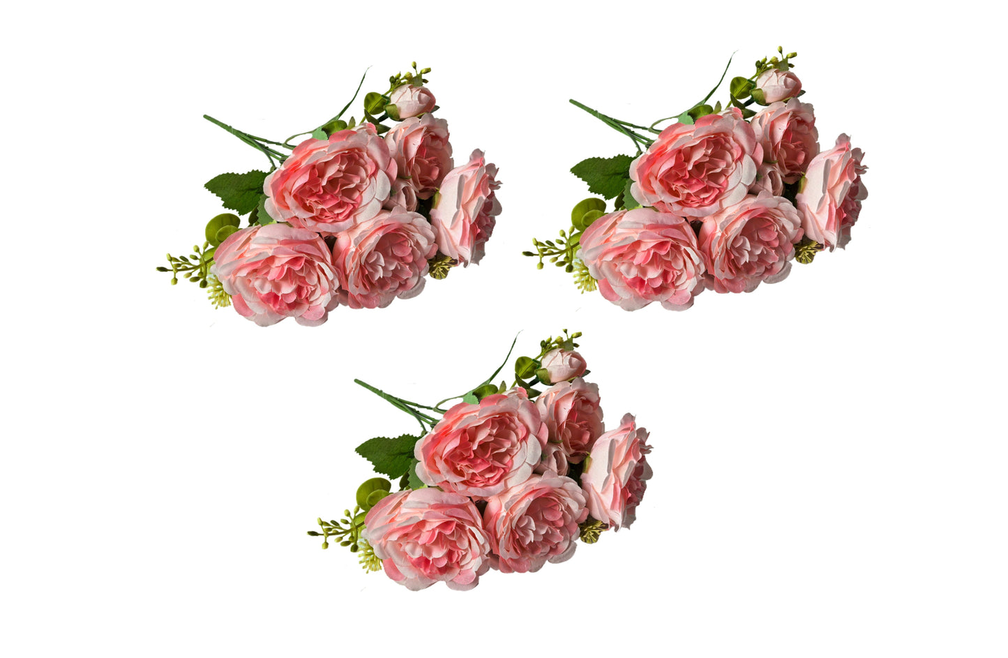 Artificial Rose Bunch – 31cm (Set of 3 Stems, 4 Flowers Each) - Coral