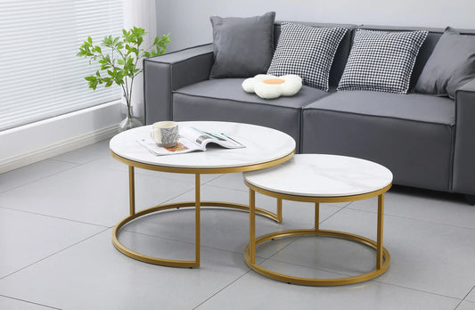 Nesting Style Coffee Table - White on Champagne Gold - 80cm/60cm - Mekamart Australia