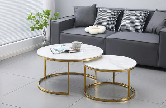 Nesting Style Coffee Table - White on Gold Stainless Steel - 80cm/60cm - Mekamart Australia