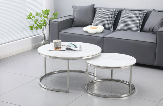 Nesting Style Coffee Table - White on Silver Stainless Steel - 80cm/60cm - Mekamart Australia