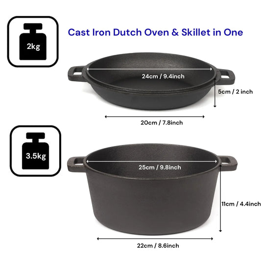26cm 2-in-1 Cast Iron Dutch Oven & Skillet Set Pre-Seasoned Dual-Use Pot with Lid Fry Pan, Durable & Versatile Cookware - Mekamart Australia