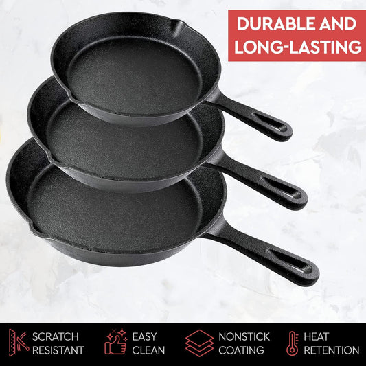 Cast Iron Skillet Cookware 3-Piece Set Chef Quality Pre-Seasoned Pan 10" 8" 6" Pans - Mekamart Australia