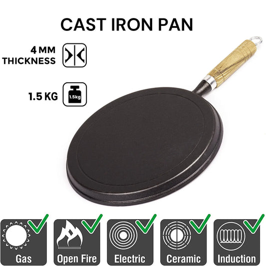 Pre-Seasoned 26cm Cast Iron Fry Pan Cookware Heat-Resistant Wooden Handle - Mekamart Australia