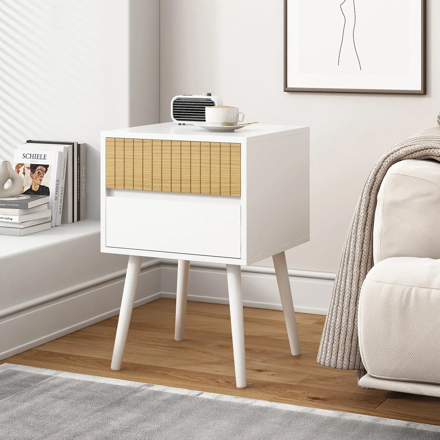 Oslo Bedside Table with 2 Drawer in White & Natural - Mekamart Australia
