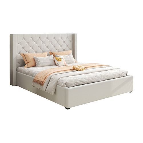 Veronica Bed Frame King Size Winged Grey Linen Fabric Seam Grid Pattern with gas lift plywood metal structure - Mekamart Australia