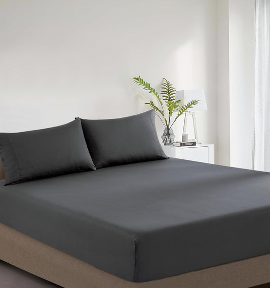 100% Vintage Washed Cotton Fitted Sheet Combo Set – 100% Natural Cotton, Ultra Soft & Breathable – Includes Fitted Sheet & Pillowcases – Machine Washable (Charcoal, Double)