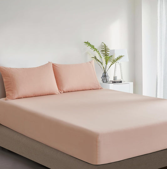 100% Vintage Washed Cotton Fitted Sheet Combo Set – 100% Natural Cotton, Ultra Soft & Breathable – Includes Fitted Sheet & Pillowcases – Machine Washable (Pink, Double)