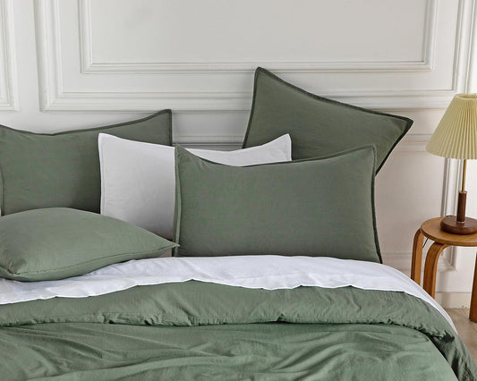 Vintage Washed Microfibre Quilt Cover Set (3Pcs) - Khaki Green - Queen Size - Mekamart Australia