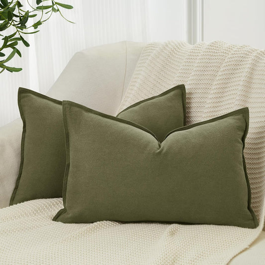 Linen Cushion Covers - 30% Linen 70% Cotton Blend, Soft & Breathable with Hidden Zipper Design - Olive Green, 30cm x 50cm (Twin Pack)
