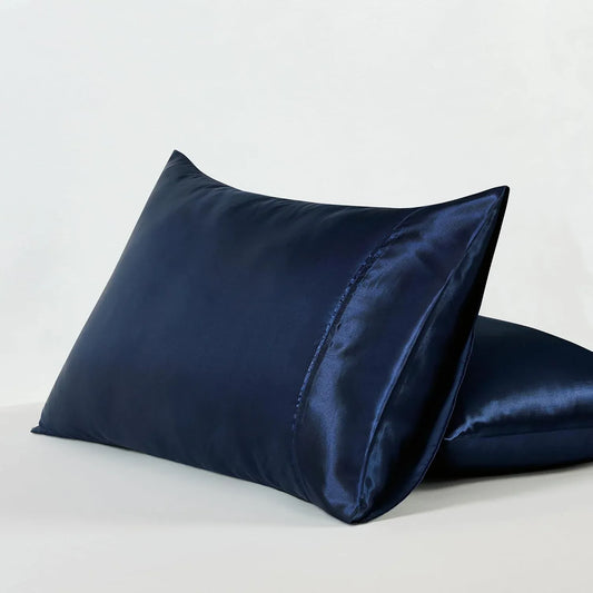 Satin Pillowcases - Silky Soft Polyester Satin with Zipper Closure - Navy Blue, 48cm x 73cm (Twin Pack) - Mekamart Australia