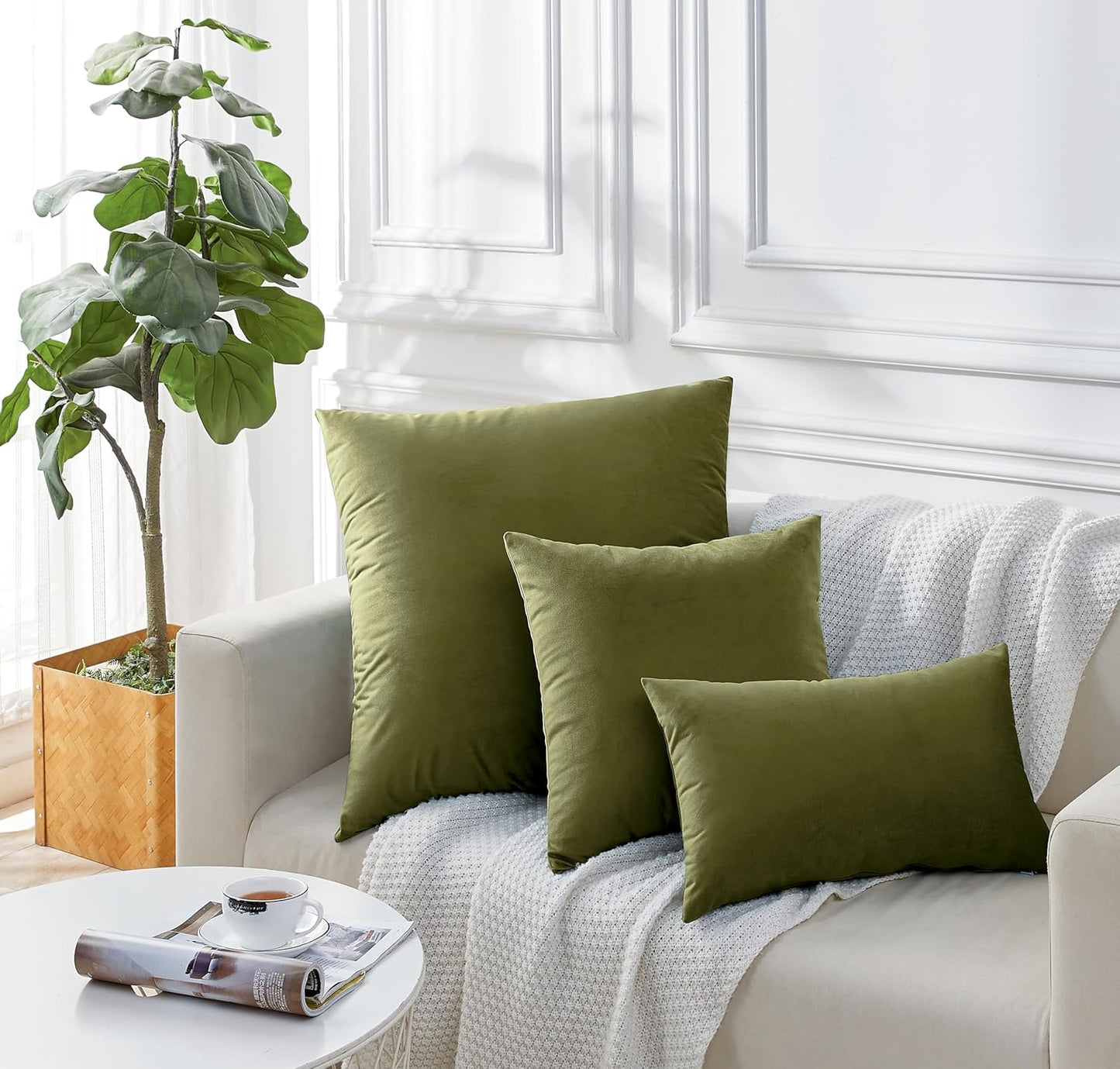 Twin-Pack Velvet Cushion Covers - Soft Microfibre Cushion Covers with Hidden Zipper (Olive Green, 65cm*65cm)