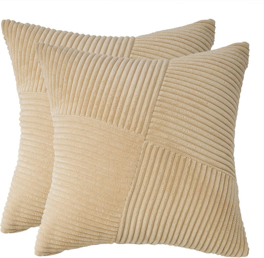 Corduroy Cushion Covers - Soft Velvet Fabric with Windmill-Inspired Pattern and Hidden Zipper Design - Beige, 45cm x 45cm (Twin Pack)