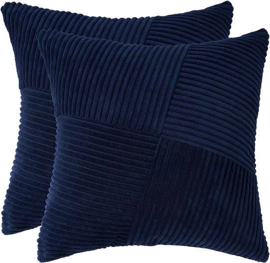 Corduroy Cushion Covers - Soft Velvet Fabric with Windmill-Inspired Pattern and Hidden Zipper Design - Navy Blue, 45cm x 45cm (Twin Pack)